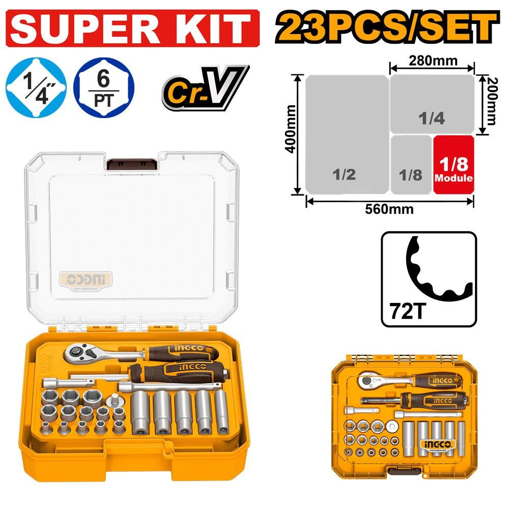 INGCO 23PCS 1/4" DR. SOCKET SUPER KIT 4-14MM HKTS14236