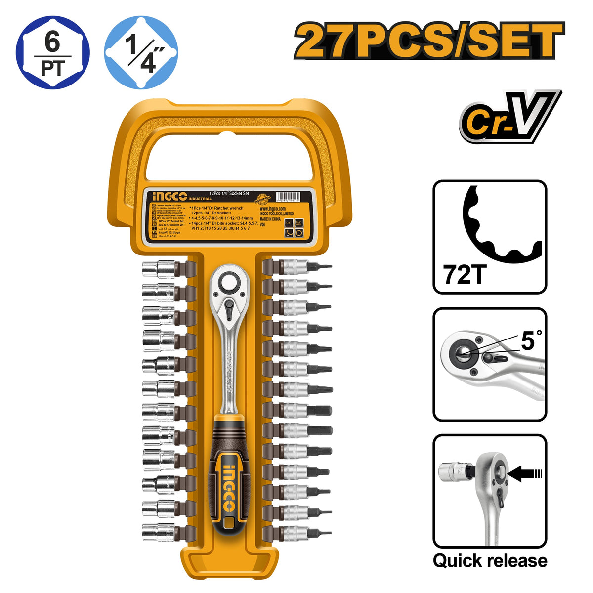 INGCO 27PCS 1/4" DR. SOCKET SET 4-14MM W/72T RATCHET HANDLE HKTS14271 Main image