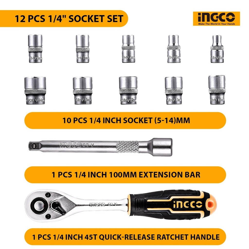 INGCO 27PCS 1/4" DR. SOCKET SET 4-14MM W/72T RATCHET HANDLE HKTS14271 Secondary image