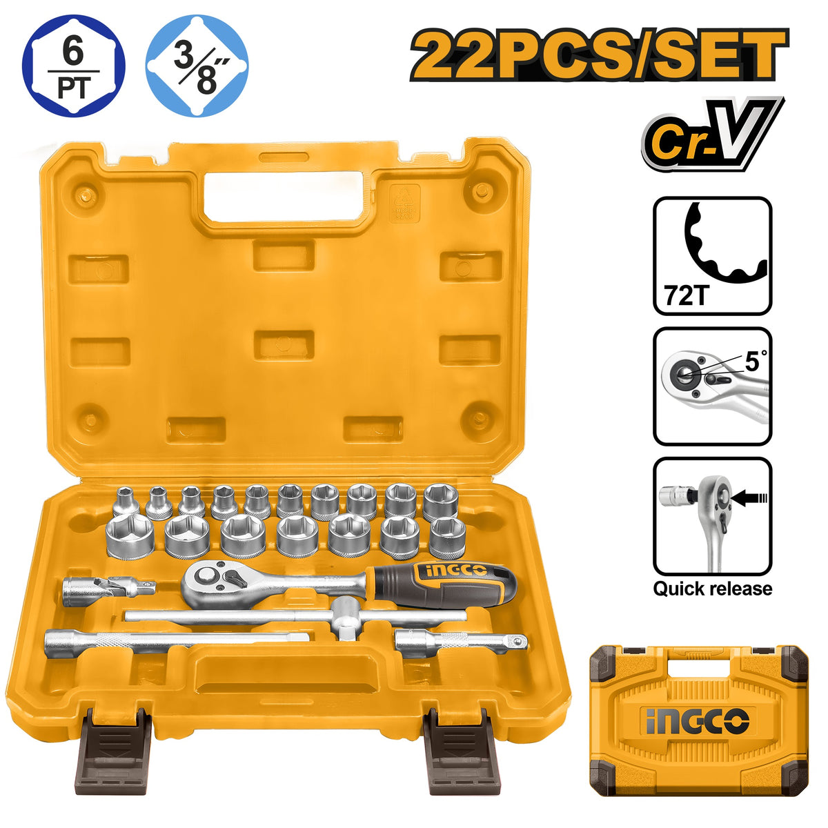 INGCO 22PCS 3/8" DR. SOCKET SET 8-22MM W/72T RATCHET HANDLE HKTS38221 Main image