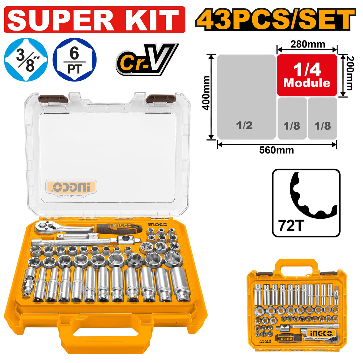 INGCO 43PCS 3/8" SOCKET SET 6-22MM W/72T RATCHET HDL HKTS38436 SUPER KIT Main image
