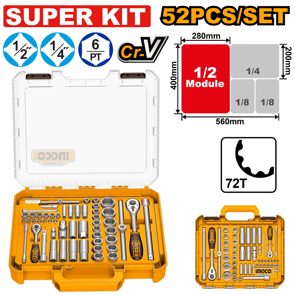 INGCO 52PCS 1/4"+1/2" DR. SOCKET SET HKTS42526 SUPER KIT Main image