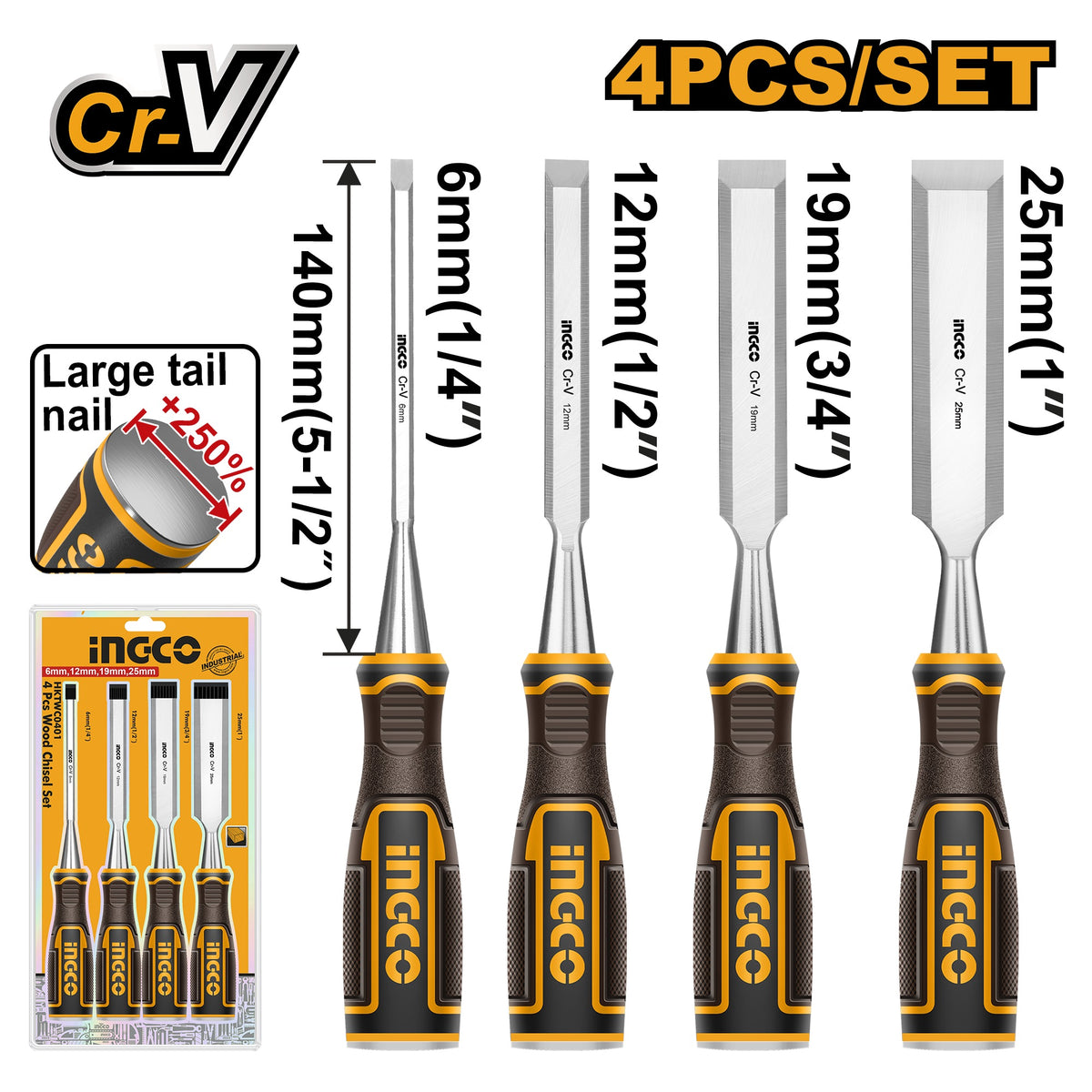 INGCO 4 PCS BEVEL EDGE WOOD CHISEL SET 6,12,19,25MM HKTWC0401