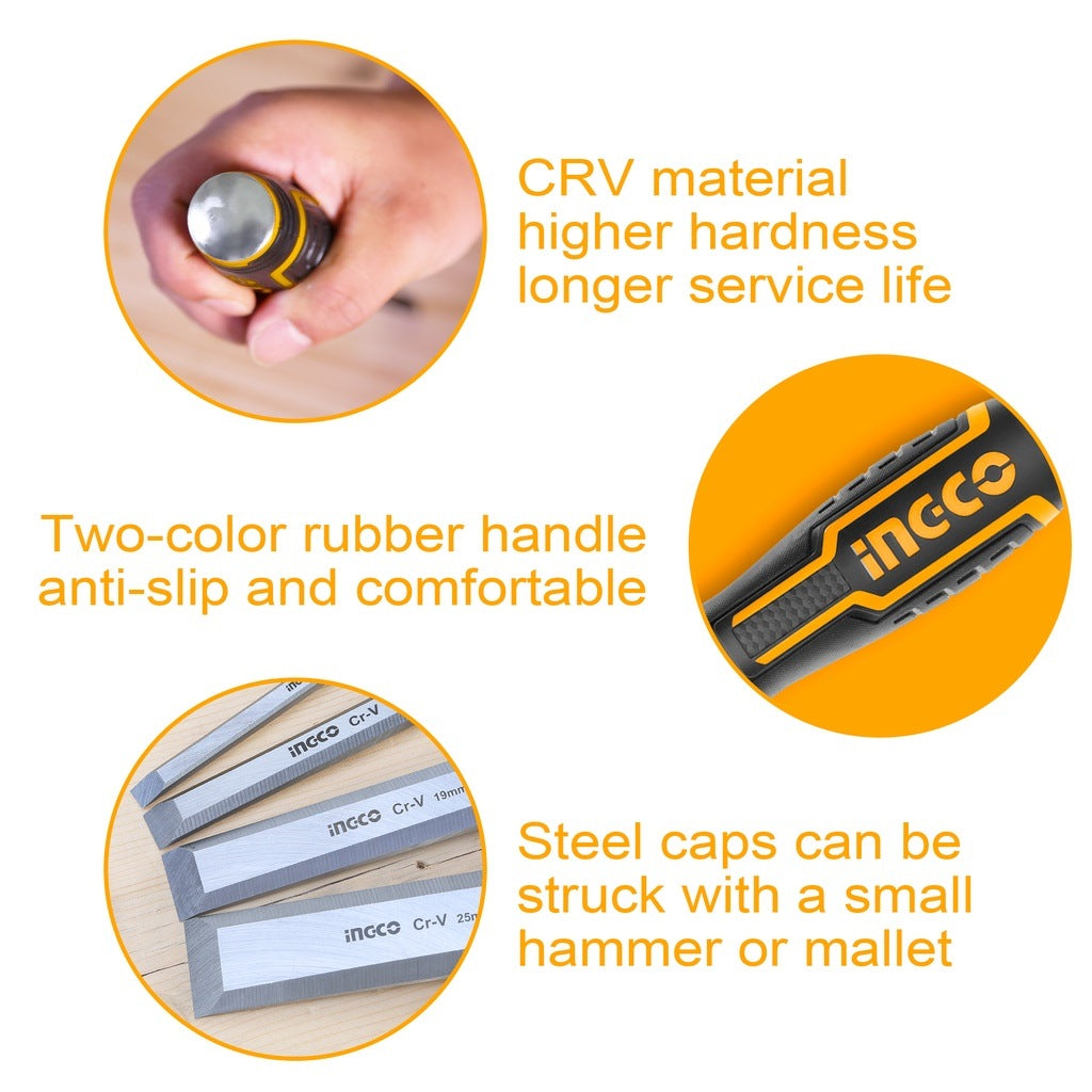 INGCO 4 PCS BEVEL EDGE WOOD CHISEL SET 6,12,19,25MM HKTWC0401