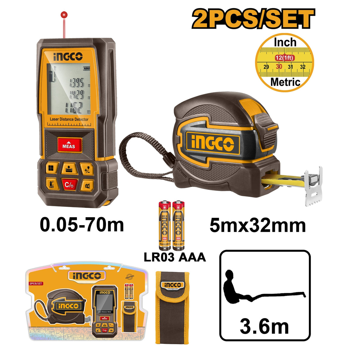 INGCO LASER DISTANCER RANGE 70M+5MX32MM TAPE COMBO KIT HLDD241201