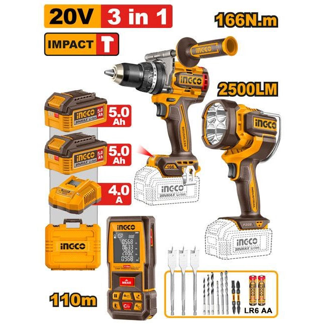 INGCO 20V 166NM ID+2500LM LED LIGHT+110M DISTANCER SUPER KIT HLDD260528