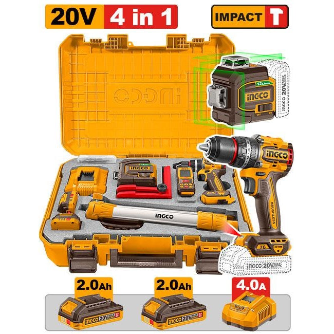 INGCO 20V 76NM IMPACT DRILL+12 LINES GREEN LEVELLER+85M DISTANCER HLL260467