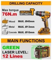 INGCO 20V 76NM IMPACT DRILL+12 LINES GREEN LEVELLER+85M DISTANCER HLL260467