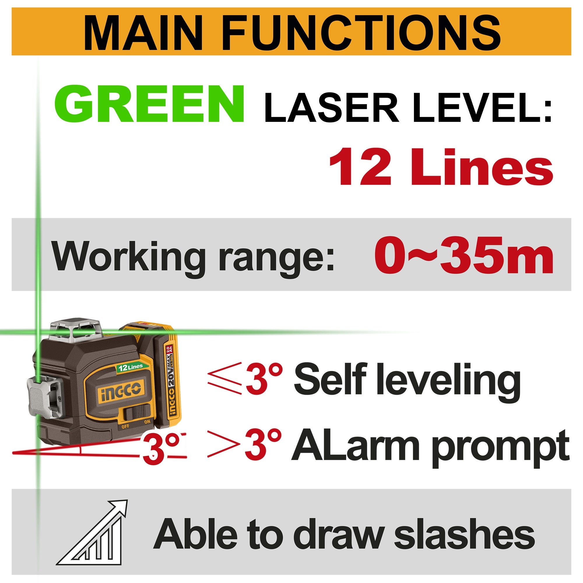 INGCO 20V 12 LINES SELF LEVELLING GREEN LEVELLER 2X2.0AH+CASE HLL3012165 Secondary image