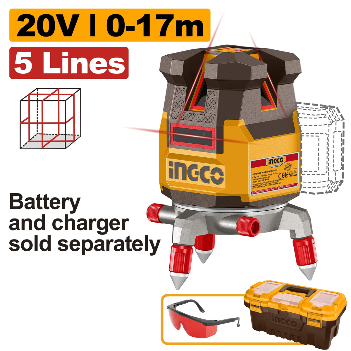 INGCO 20V SELF LEVELLING RED LASER LEVELLER 4V1H 30M RANGE HLL305206 (BARE UNIT) Main image