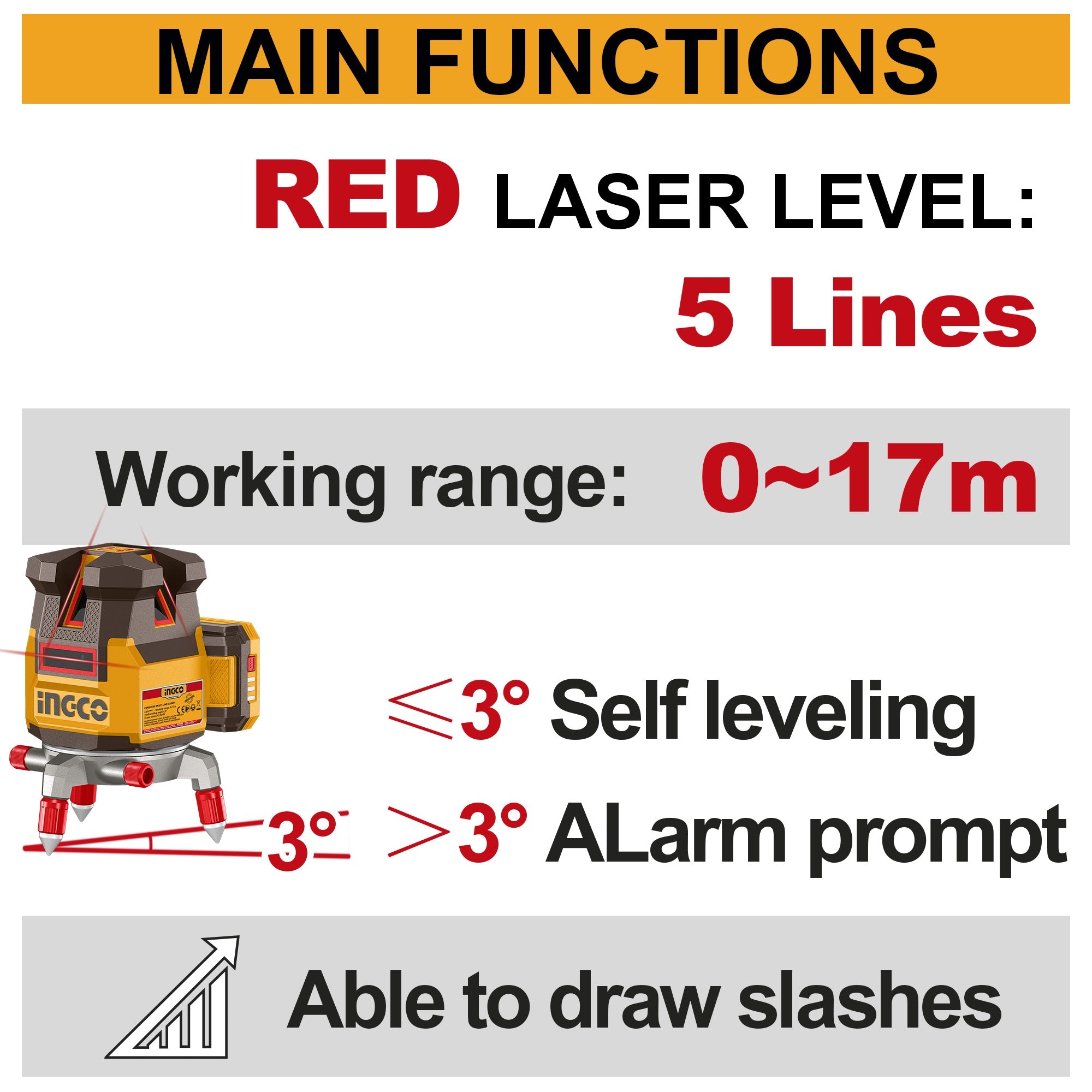 INGCO 20V SELF LEVELLING RED LASER LEVELLER 4V1H 30M RANGE HLL305206 (BARE UNIT) Secondary image