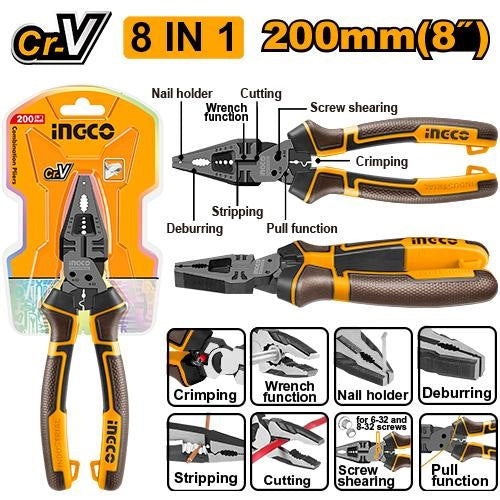 INGCO 8-IN-1 MULTI FUNCTION COMBI PLIER 8" 200MM HMFCP28200 Main image