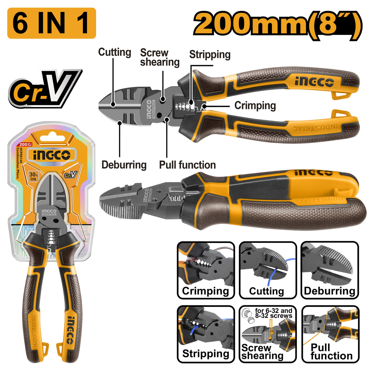 INGCO 6-IN-1 MULTI FUNCTION DIAGONAL CUTTING PLIER 8" 200MM HMFDCP28200 Main image