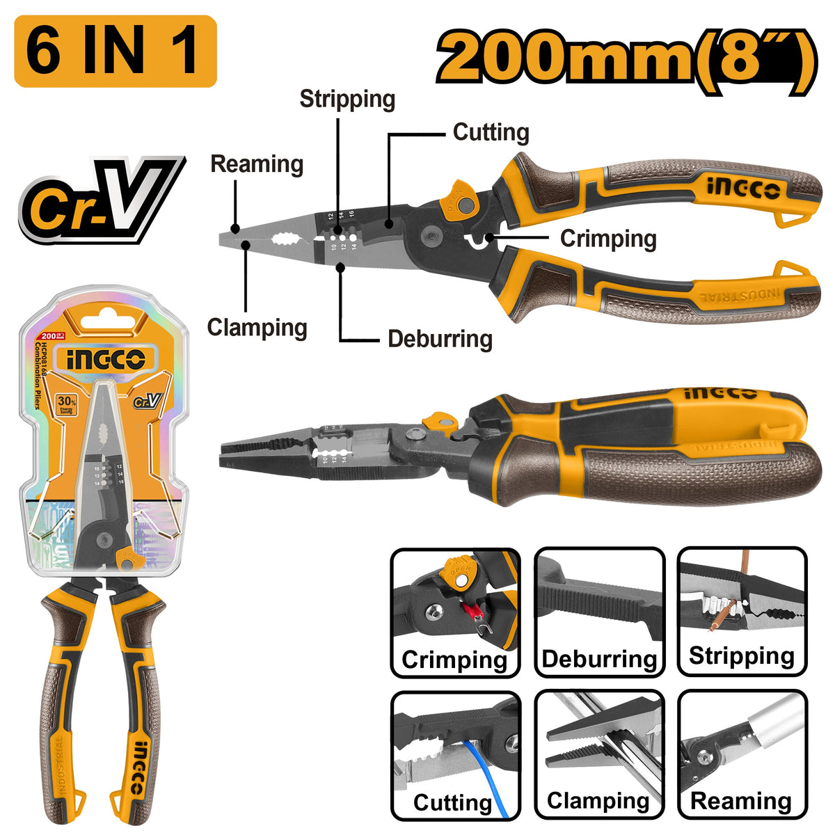INGCO 6-IN-1 MULTI FUNCTION LONG NOSE PLIER 8" 200MM HMFLNP28200 Main image