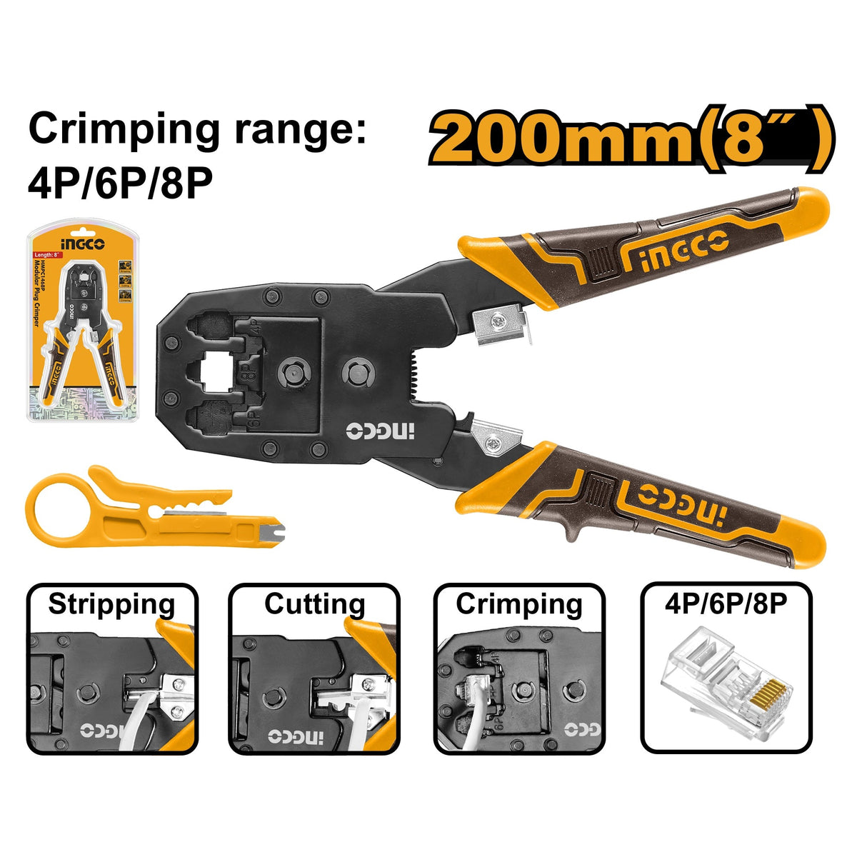 INGCO MODULE PLUG CRIMMPER 8"200MM RANGE 4P,6P&8P HMPC1468P Main image