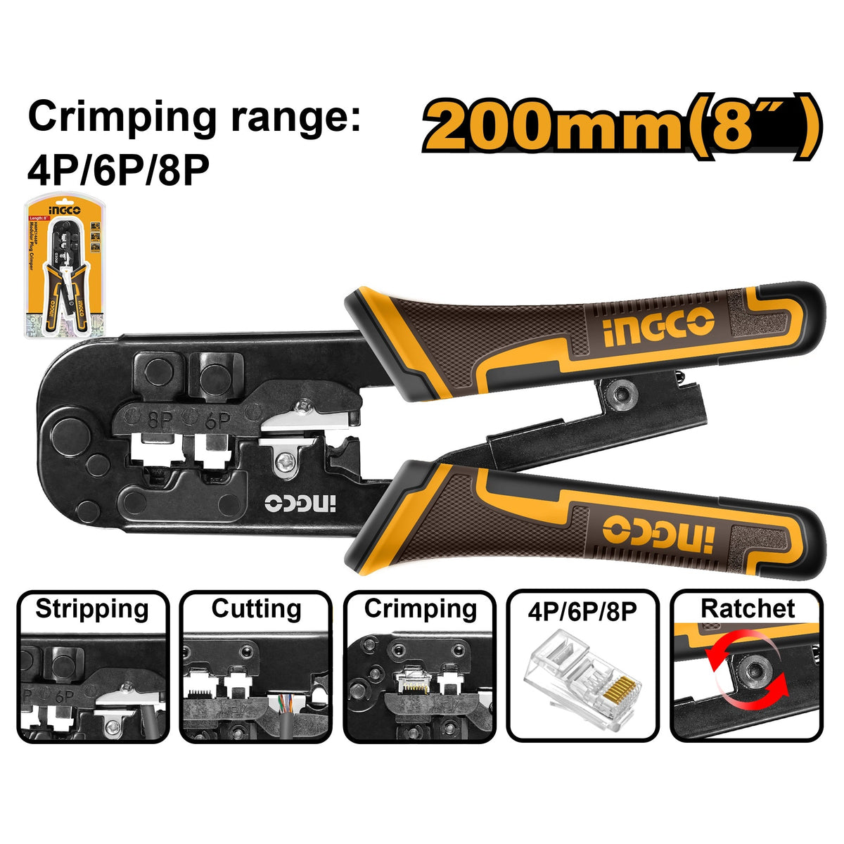 INGCO MODULE PLUG CRIMMPER 8"200MM RANGE 4P,6P&8P HMPCN2468R Main image