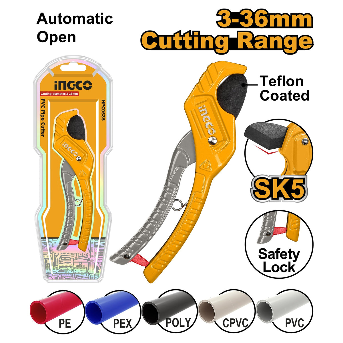 INGCO INDUSTRIAL PVC PIPE CUTTER CAP: 36MM, LENGTH 210MM HPCS3135 Main image