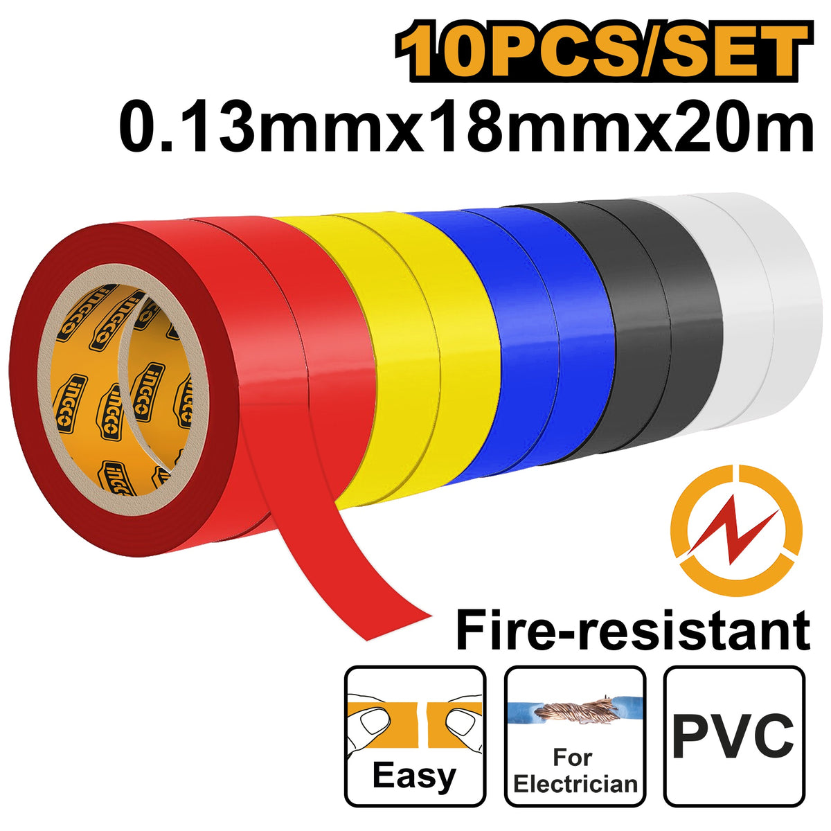 INGCO 10PCS FIRE RESISTANT INSULATION TAPE MIX COLOR 013X18MMX20M HPET1013 Main image