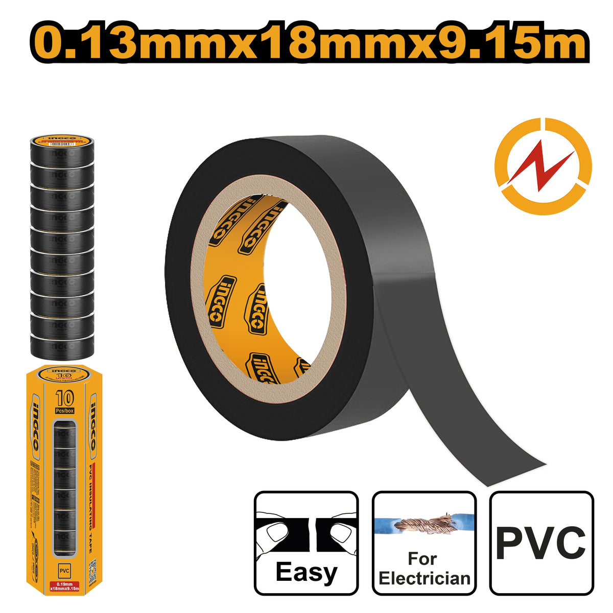 INGCO FIRE RESISTANT PVC INSULATION TAPE BLACK 18MMX 10YDS HPET1103 Main image