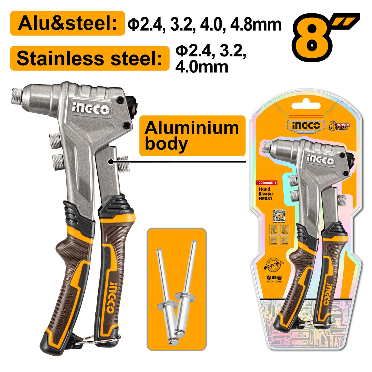 INGCO ALUM BODY HD HAND RIVETER 2.4- 4.8MM, SS RIVET UP TO 4.0MM HR081 Main image