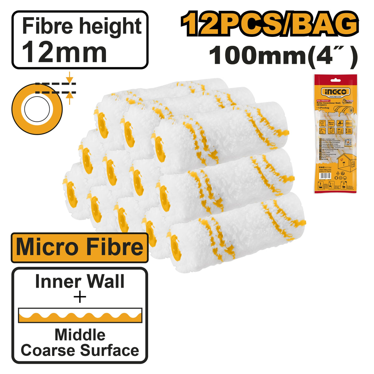 INGCO PAINT ROLLER REFILL MICRO FIBER 4", 12PCS IN BAG HRC560412 Main image