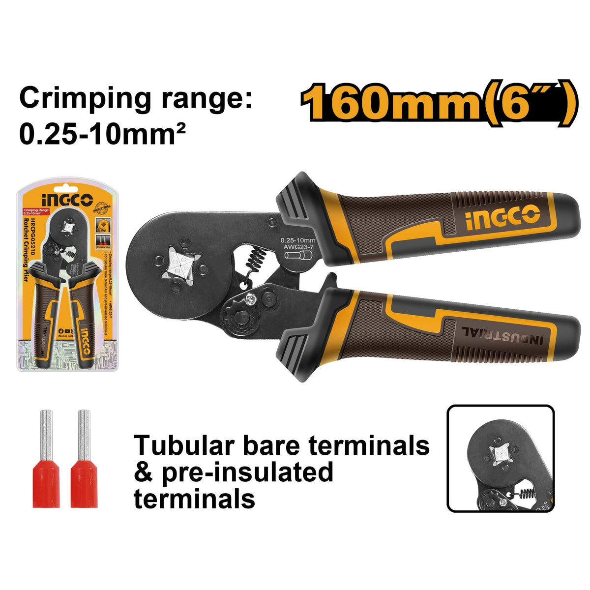 INGCO TUBULAR BARE TERIMINALS CRIMPING PLIER 0.25-10MM2 HRCPG05210 Main image