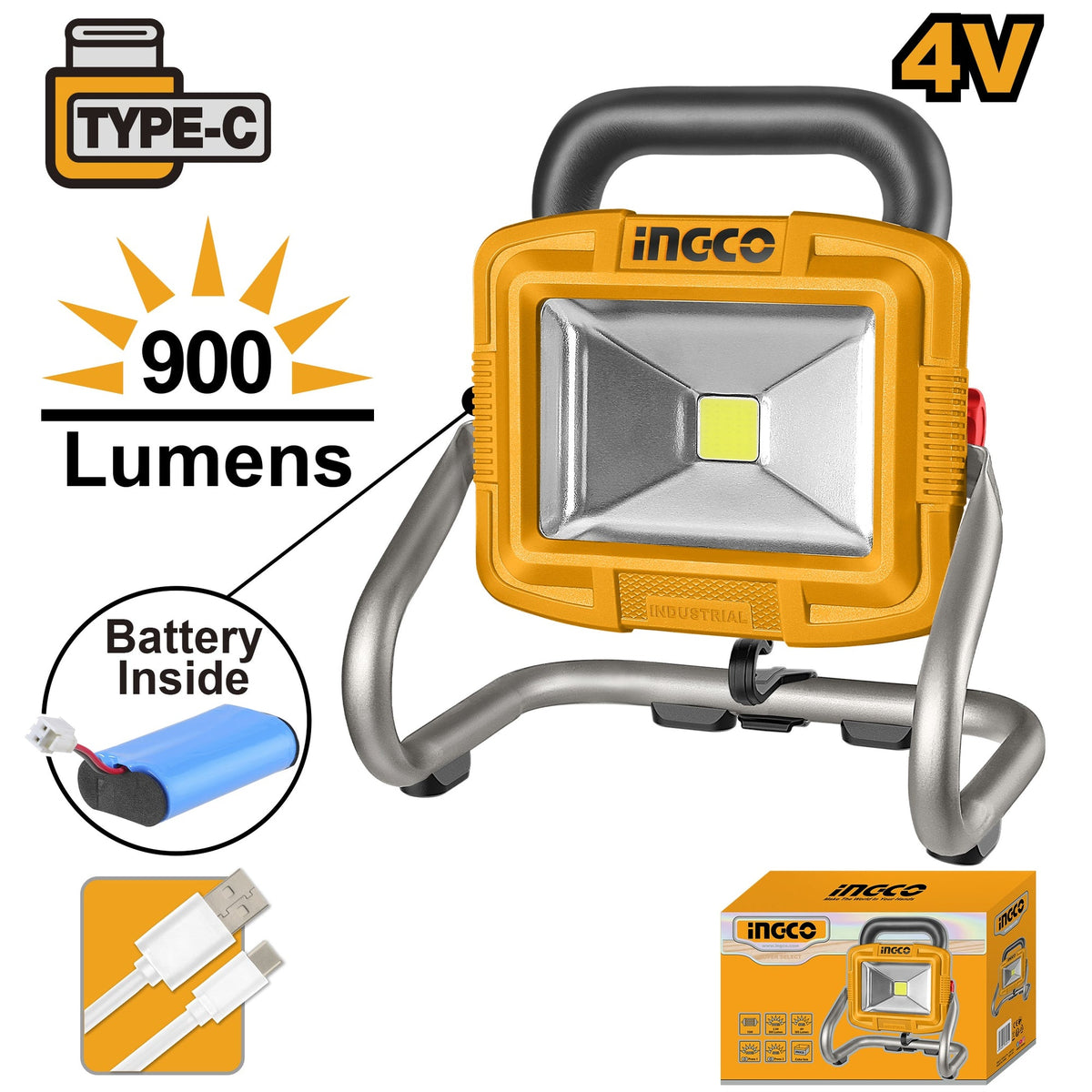 INGCO 4V TYPE C 900LM PORTABLE LAMP+CHARGING CABLE HRLF4415
