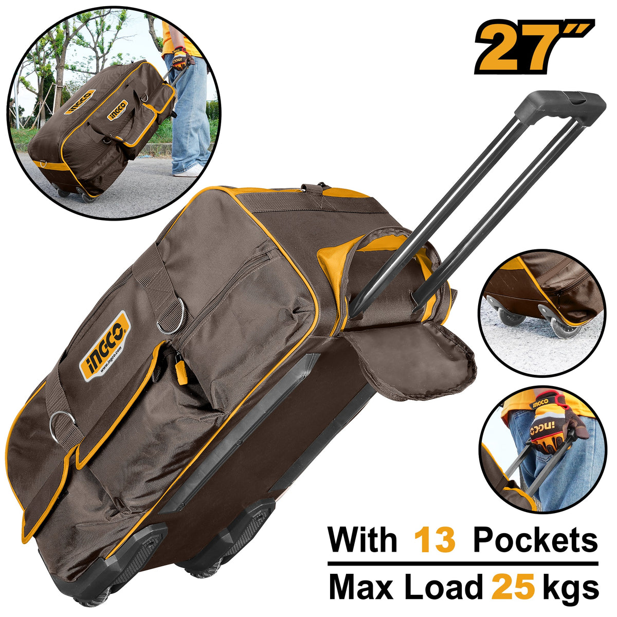 INGCO 27" TELESCOPIC PULL HANDLE WHEELED TOOL BAG 685X295X320MM HRRTB2715