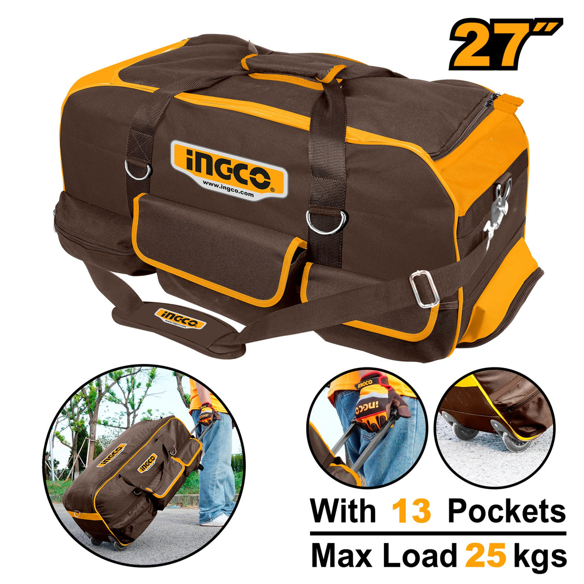 INGCO 27" TELESCOPIC PULL HANDLE WHEELED TOOL BAG 685X295X320MM HRRTB2715