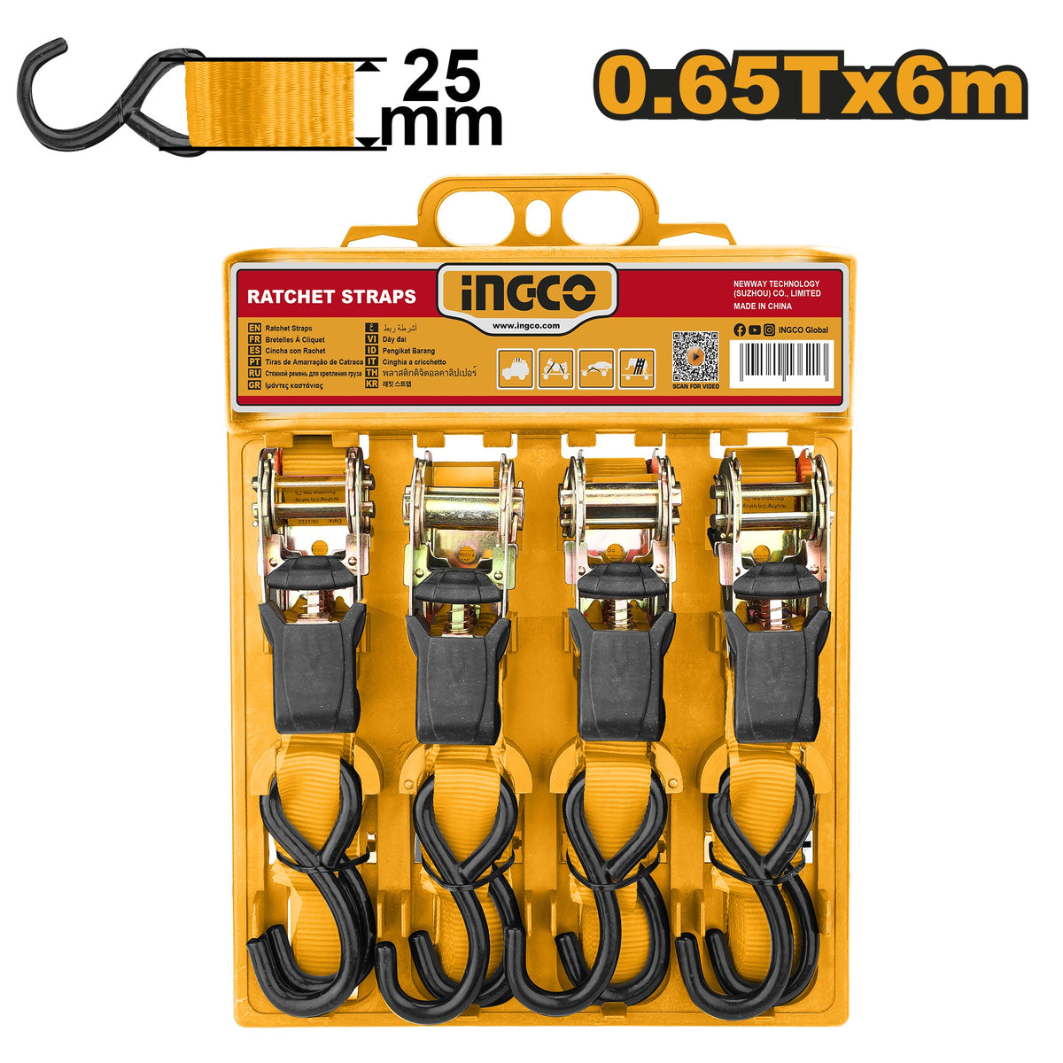 INGCO 4PCS RATCHET STRAP SET 25X6M (20FT) 0.65T HRSP065607 Main image