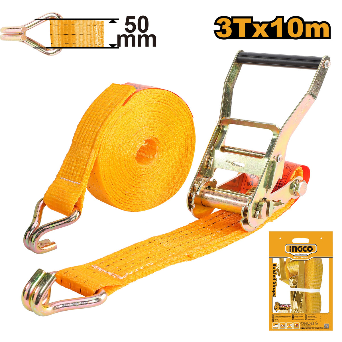INGCO RATCHET TIE DOWN 50MM X 10M HEAVY DUTY 3 TON LOAD HRSP3101 Main image