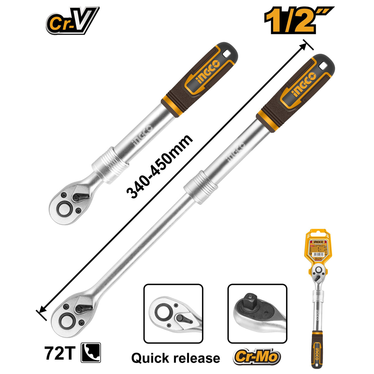 INGCO 1/2" DR. EXTENDABLE RATCHET WRENCH 72TEETH LGTH 340~450MM HRTH08128L