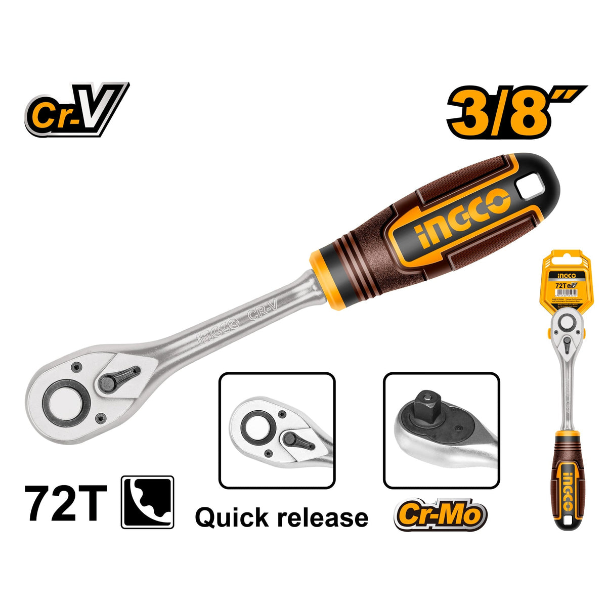 INGCO 3/8" DR. RATCHET HANDLE 45T LENGTH 205MM HRTH0838 Main image