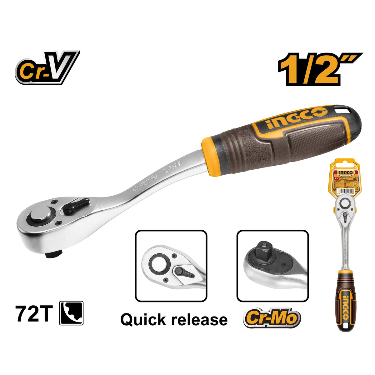 INGCO 1/2" DR. RATCHET HANDLE 72T LENGTH 260MM HRTH8412 Main image