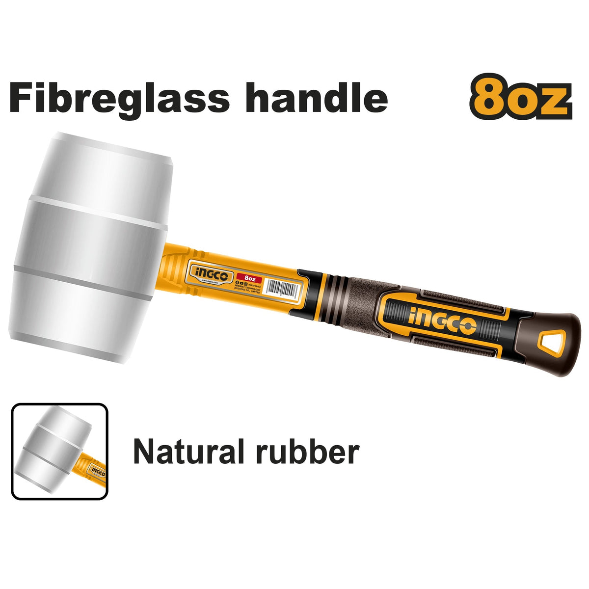 INGCO WHITE NATURAL RUBBER NON SPARK HAMMER FIBERGLASS HANDLE Main image