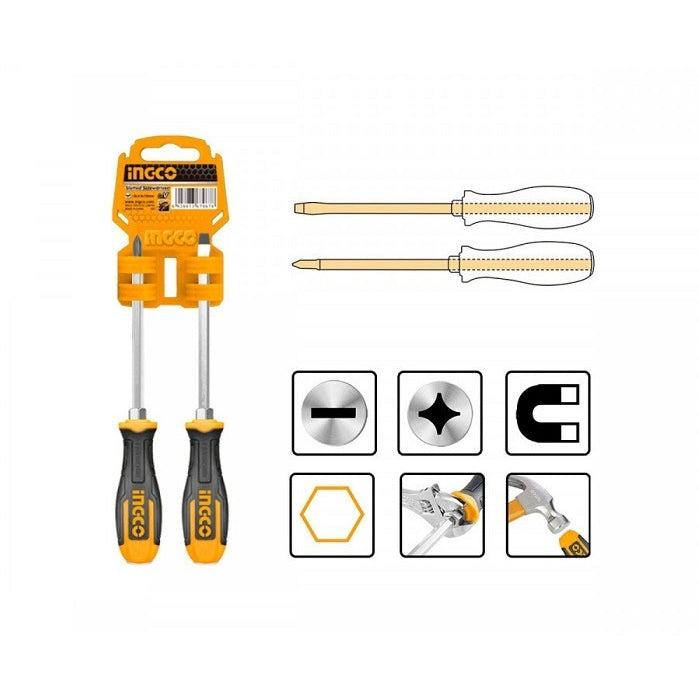 INGCO 2PCS GO THRU MAGNETIC TIP SCREWDRIVER SET (-) & (+) 125MM HKSGT680208 Main image