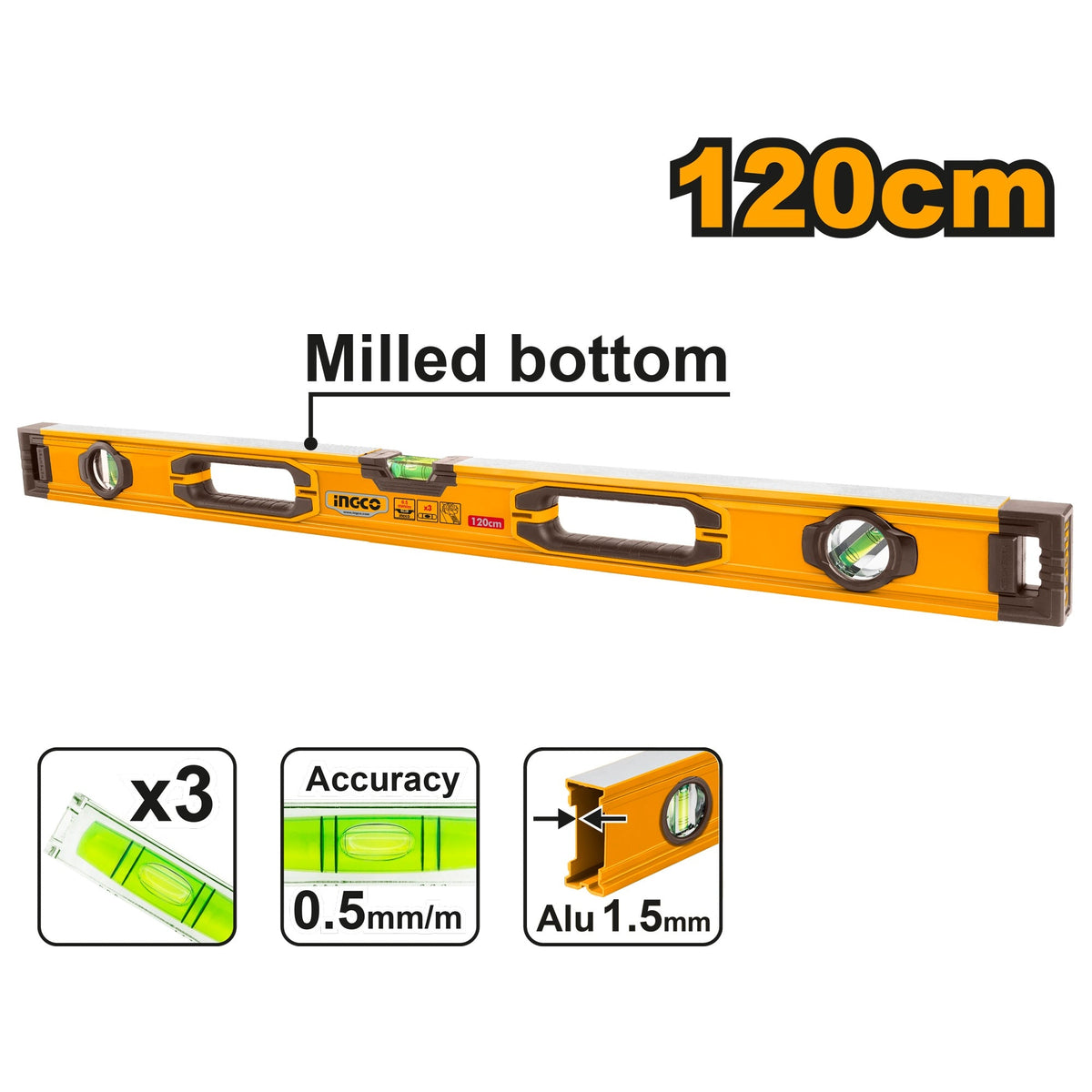 INGCO HEAVY DUTY 3-VIALS ALUM SPIRIT LEVEL 120CM HSL08120