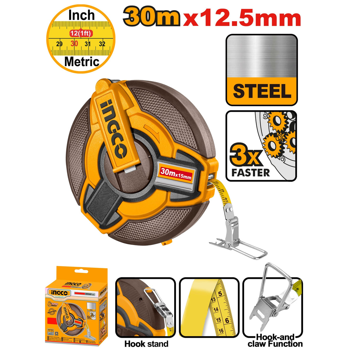 INGCO FAST REWIND STEEL MEASURING TAPE 30M/100FT HSMT0830 Main image