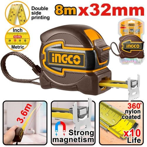 INGCO STEEL MEASURING TAPE 8M/26FT MAGNETIC HOOK, 32MM BLADE HSMT80832 Main image