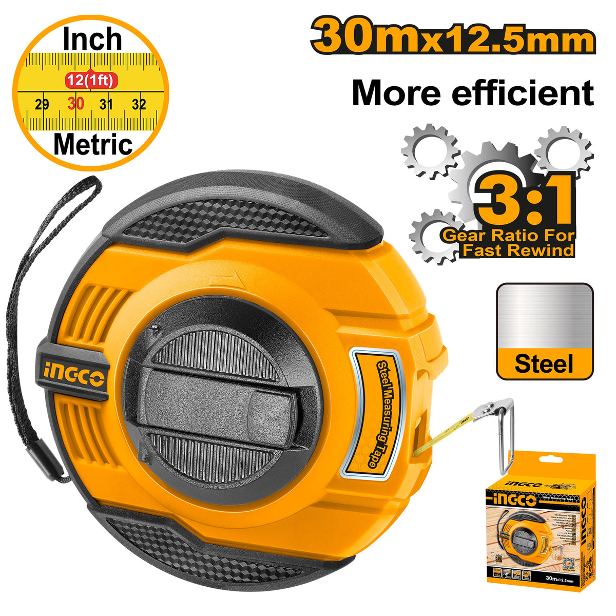 INGCO STEEL MEASURING TAPE 30M/100FT 12.5MM BLADE WIDTH HSMT8430 Main image