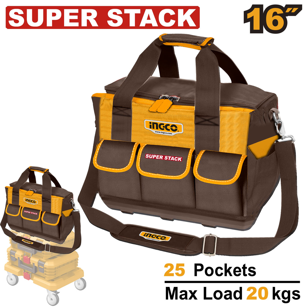 INGCO 16" SUPER STACK 25 POCKETS TOOL BAG HTBG12 Main image