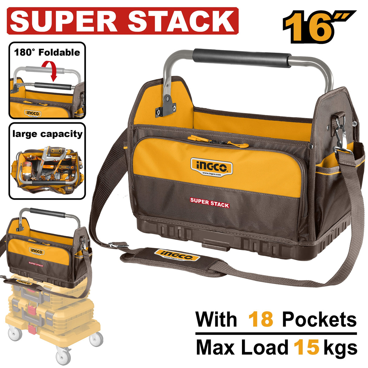 INGCO 16" SUPER STACK 18 POCKETS IND.TOOL BAG 400X270X370MM HTBGL08 Main image