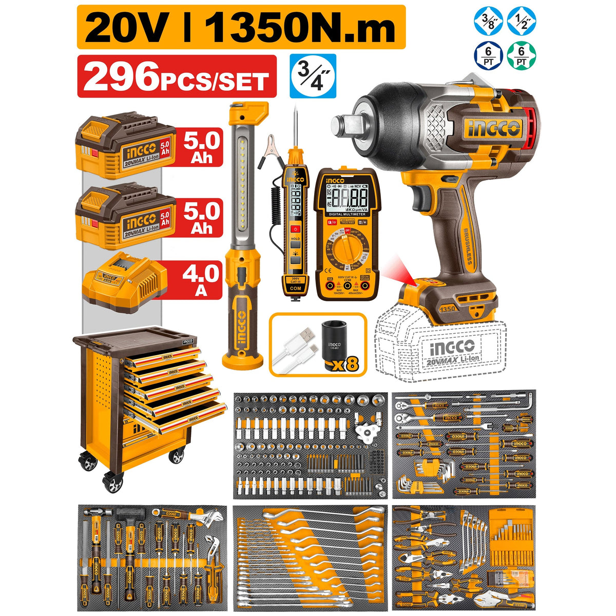 INGCO 296PCS MECHANICS TOOL CHEST+ 3/4" 1350NM IMPACT WRENCH SET HTCS282962 Main image