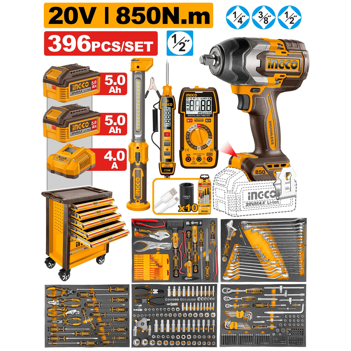 INGCO 396PCS MECHANICS TOOL CHEST+ 1/2" 850NM IMPACT WRENCH SET HTCS283962 Main image