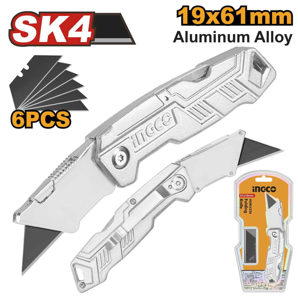 INGCO ALUM ALLOY FOLDING KNIFE + 5 PCS SK5 BLADE HUK6236 Main image