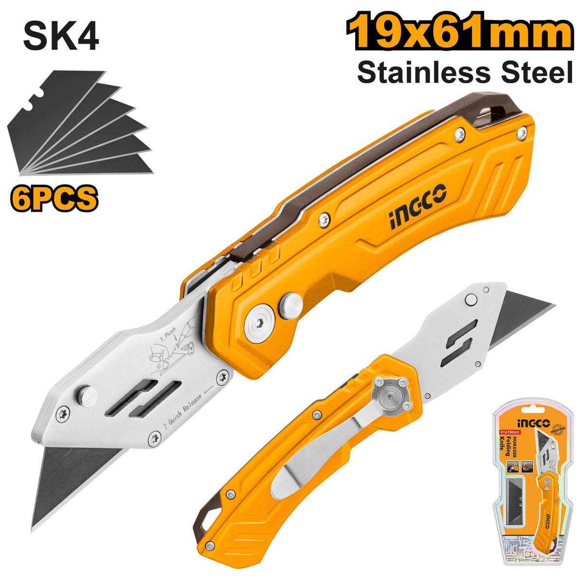 INGCO STAINLESS STEEL FOLDING KNIFE 180MM + 6PCS SK5 BLADE HUK6288 Main image