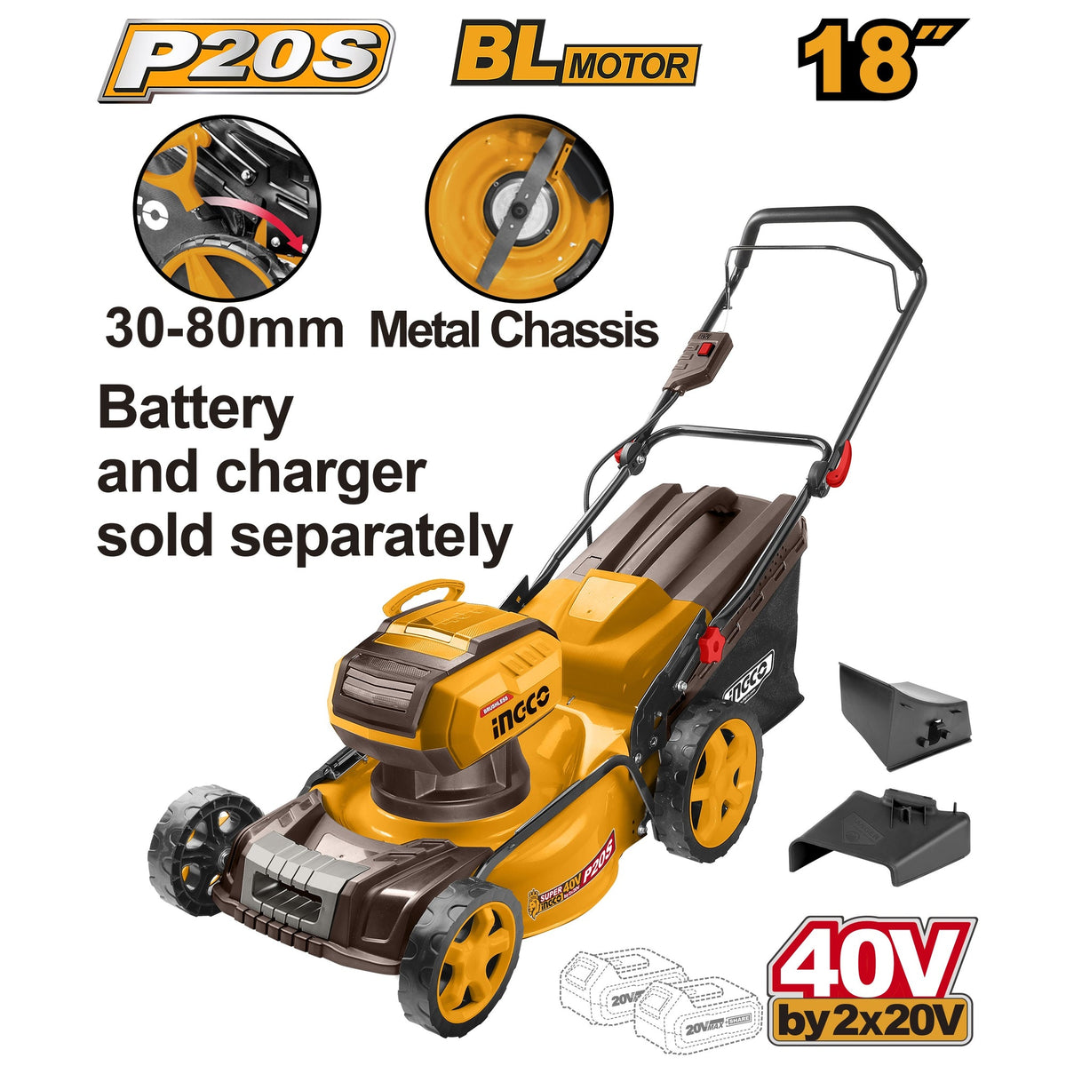 INGCO LI-ION 40V(2X20V) BL 460MM LAWN MOWER LMLI20185 (BARE UNIT) Main image