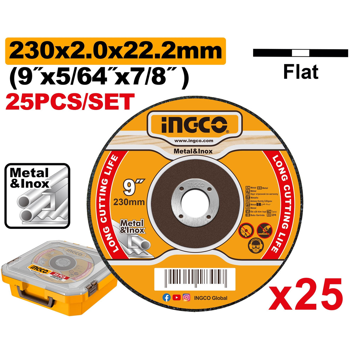 INGCO MCD2023025 25PCS 230X2.0MM ABRASIVE CUTTING DISC IN PLASTIC BOX Main image