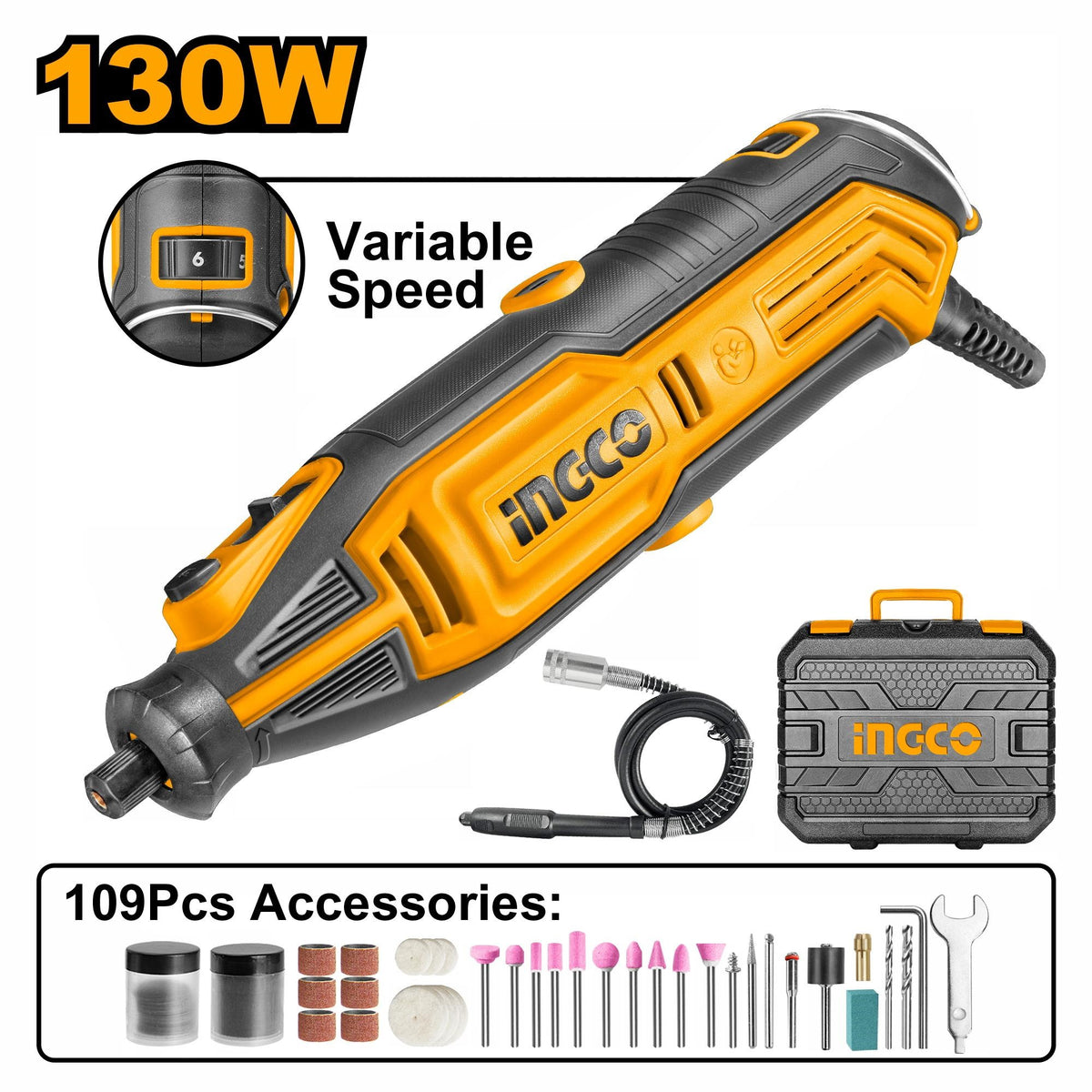 INGCO MINI DIE GRINDER 1/8" COLLET VARIABLE SPEED W/109 ACCESSORIES MG13328 Main image
