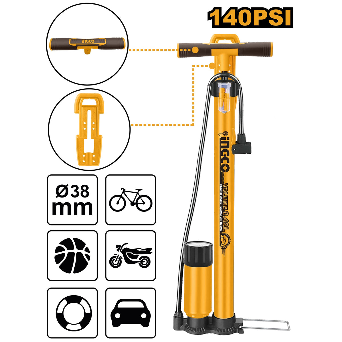INGCO HAND BICYCLE PUMP MAX PRESSURE 140PSI MPP3811 Main image